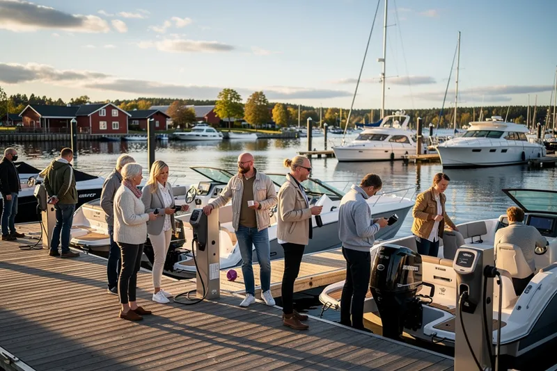Människor tittar på båtar och marin utrustning vid svensk marina