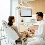 Modern tandläkarklinik med patient och tandläkare i konsultation