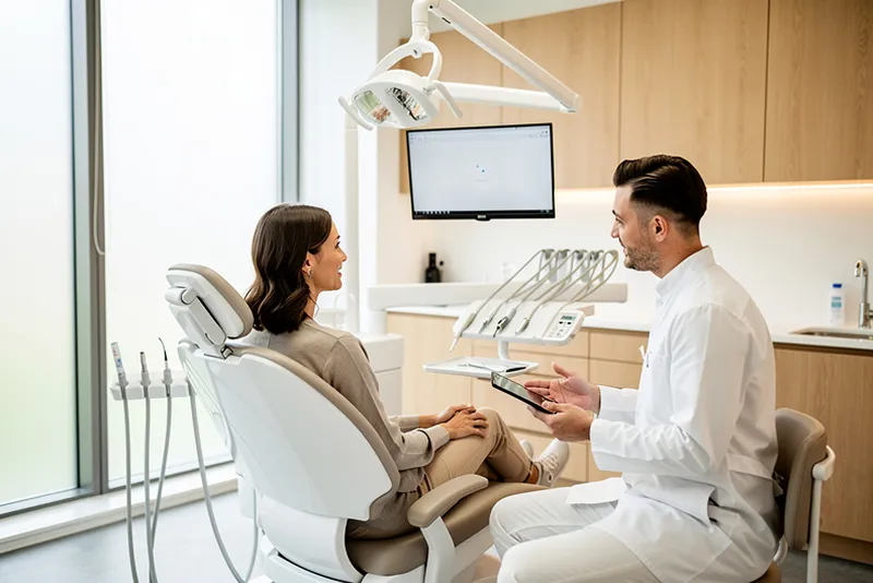 Modern tandläkarklinik med patient och tandläkare i konsultation