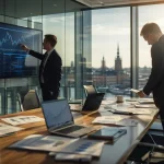 Två affärsledare diskuterar strategiska planer i modern kontorsmiljö med finansdata i bakgrunden