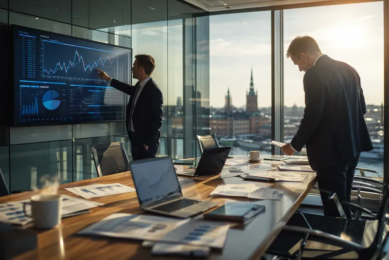 Två affärsledare diskuterar strategiska planer i modern kontorsmiljö med finansdata i bakgrunden