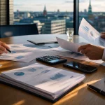 Händer i kostym granskar finansiella dokument på mötesrumsbord