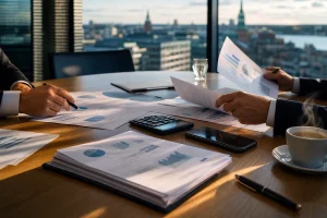 Händer i kostym granskar finansiella dokument på mötesrumsbord