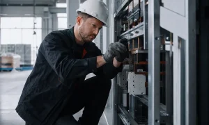 Elektriker arbetar med kabeldragning på en byggarbetsplats i Sverige
