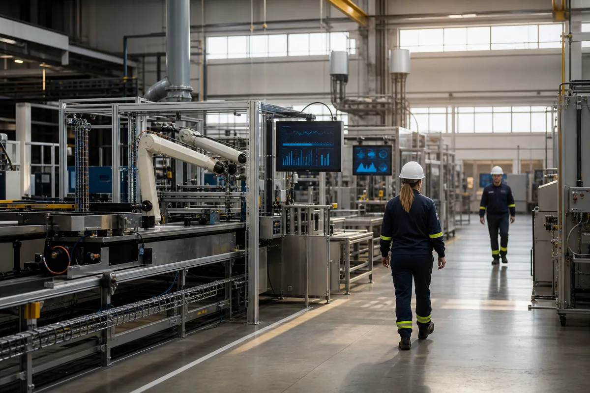 Modern svensk fabrik med integrerad digital teknik och säkerhetssystem