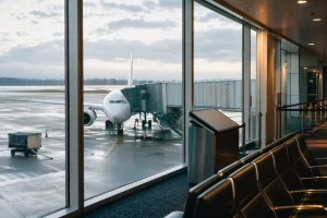 Tomt flygplatsgate i morgonljus, symbol för ledningsskifte inom flyget