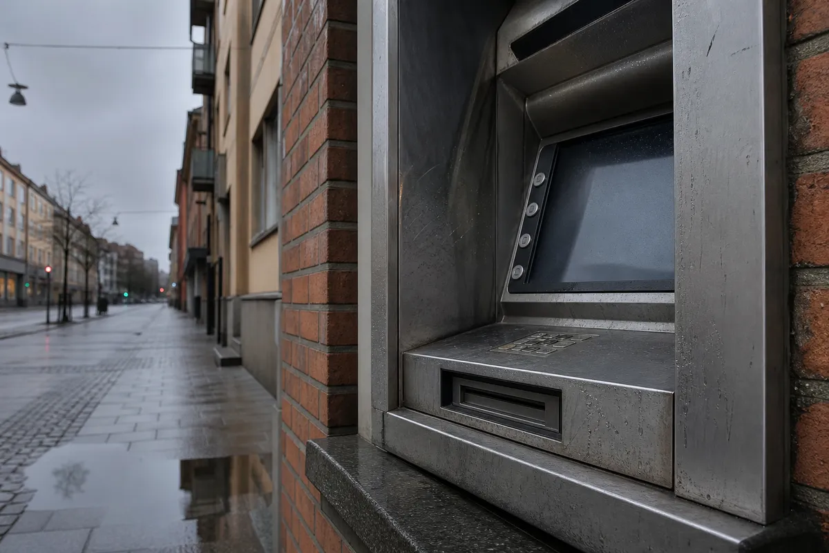 Uttagsautomat på gata, symbol för tvisten om ordet bankomat