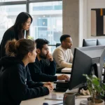 Utvecklare arbetar vid tangentbord med skiss över systemarkitektur bredvid