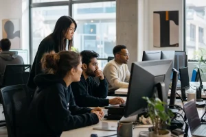 Utvecklare arbetar vid tangentbord med skiss över systemarkitektur bredvid