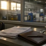 Kontorsmiljö vid fabrikslokal som symboliserar industribolag och insynsköp